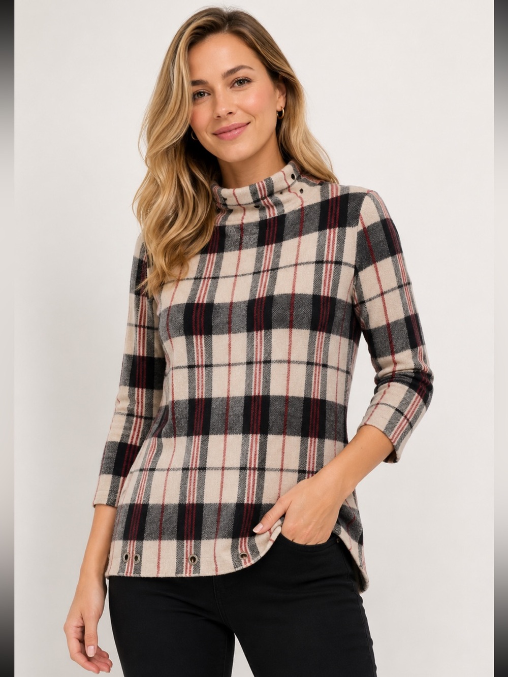 Belldini Women Plaid Mock Neck Sweater Grommet Accent Red Black Size Large